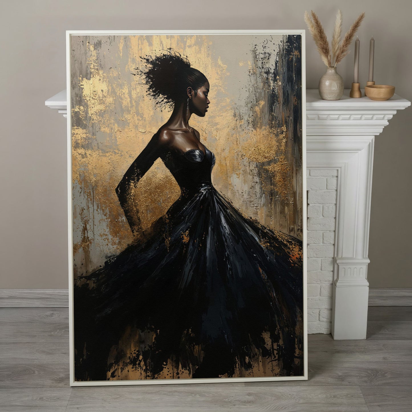 Elegant Woman in Dress Canvas Print, Black and Gold in white floating frame