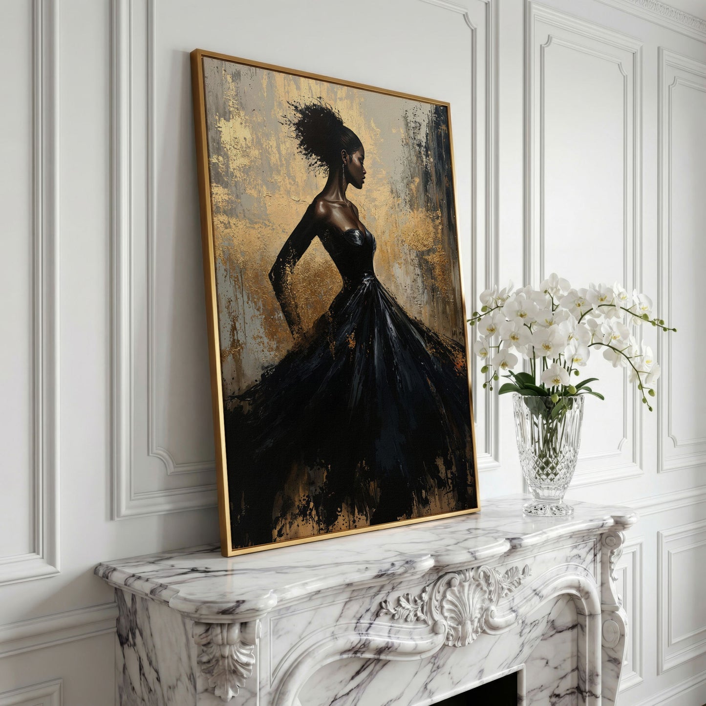Elegant Woman in Dress Canvas Print, Black and Gold in yellow gold floating frame
