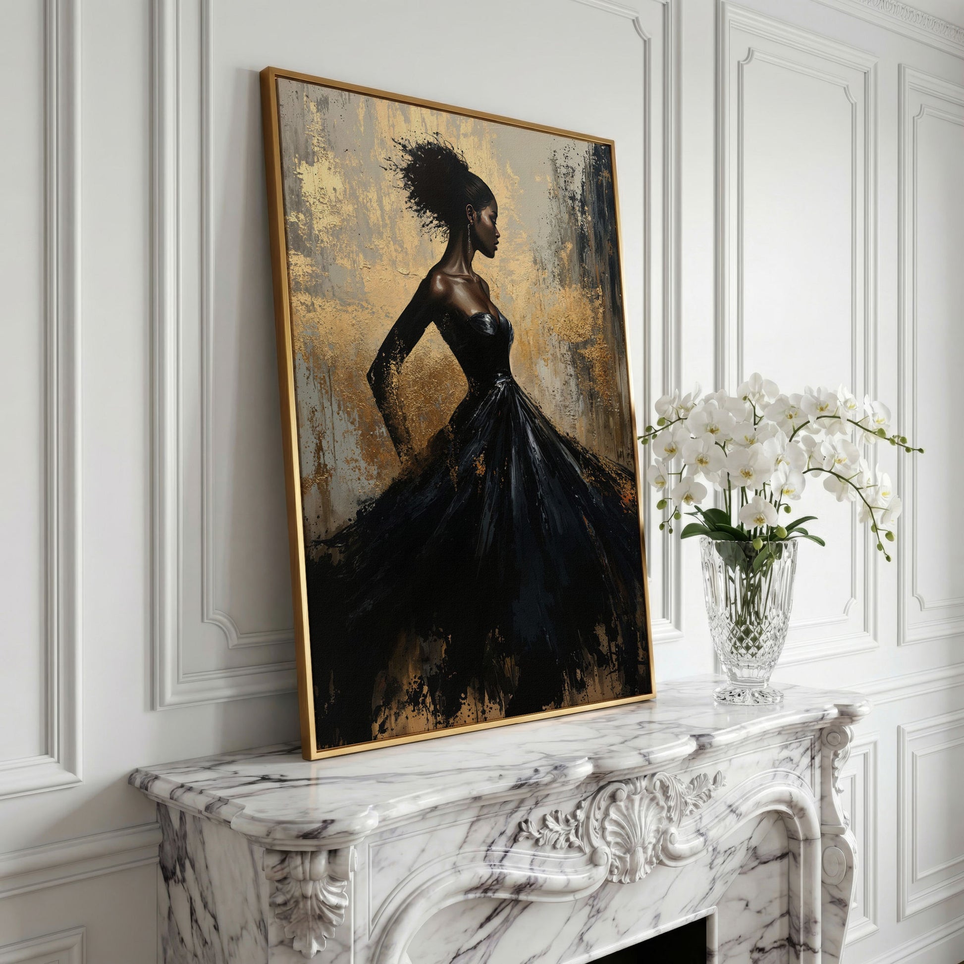 Elegant Woman in Dress Canvas Print, Black and Gold in yellow gold floating frame