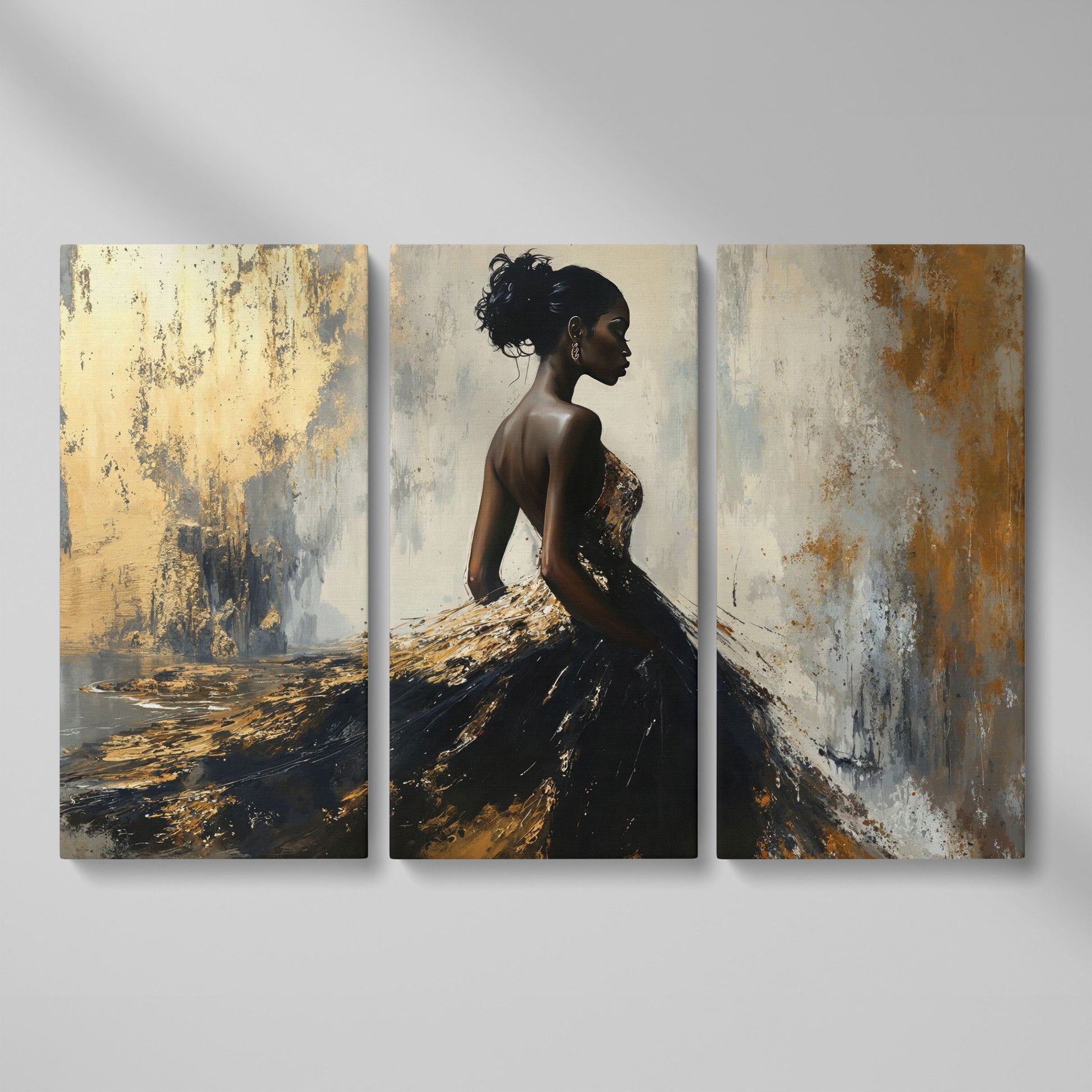 Elegant Black Woman with Gold Accent Canvas Art as 3-panel split version