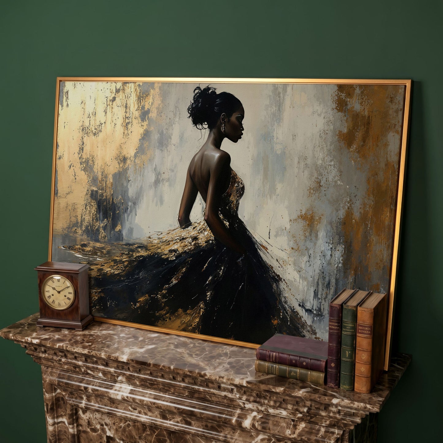 Elegant Black Woman with Gold Accent Canvas Art in antique gold floating frame