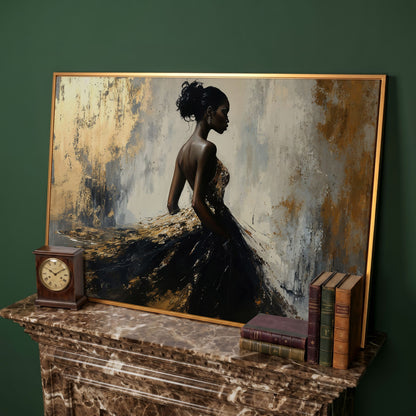 Elegant Black Woman with Gold Accent Canvas Art in antique gold floating frame