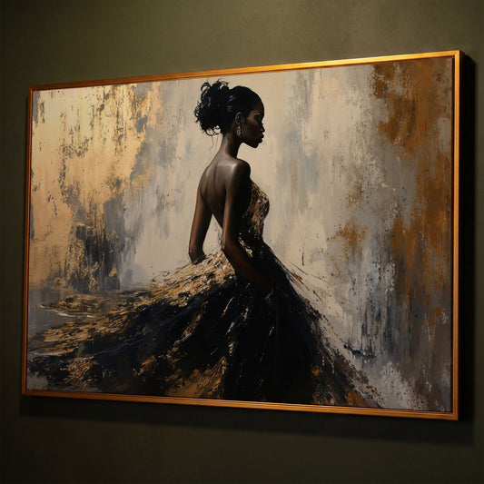 Elegant Black Woman with Gold Accent Canvas Art shown in antique gold floating frame