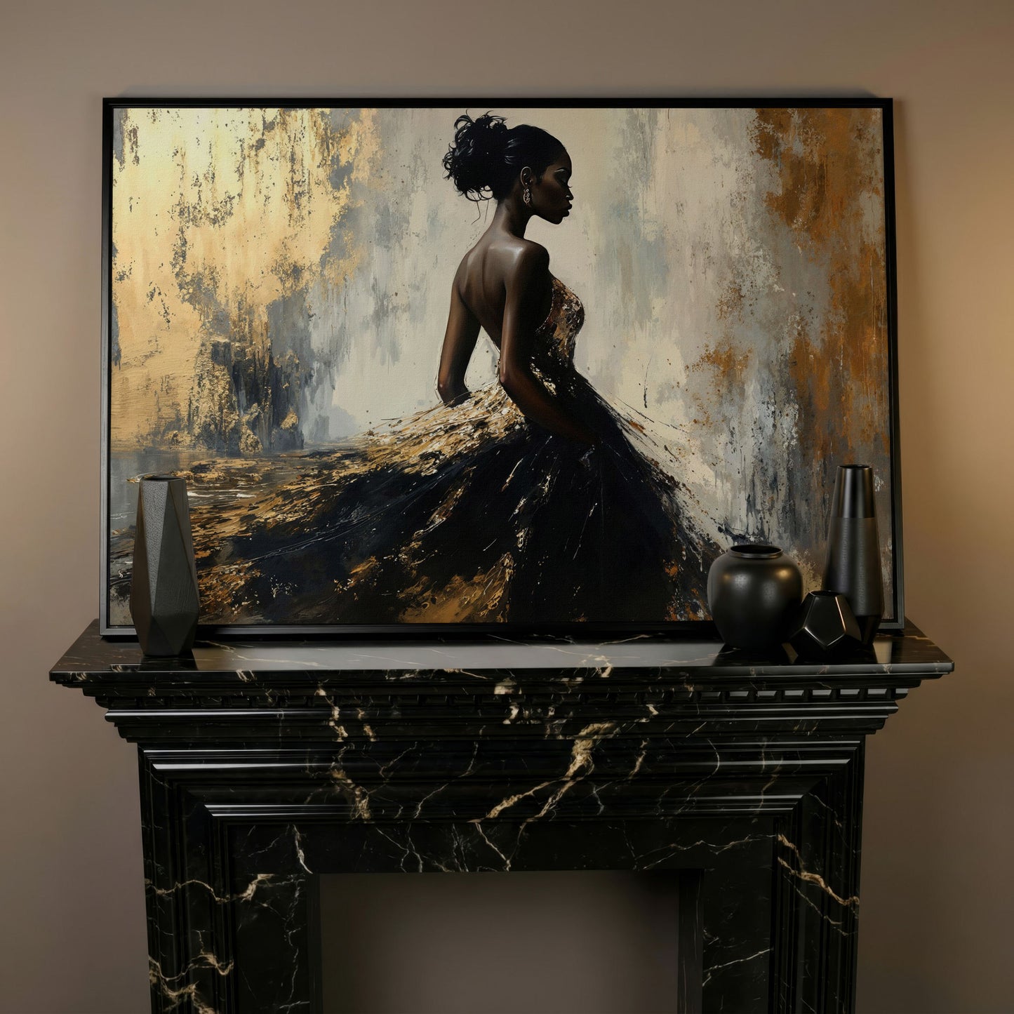 Elegant Black Woman with Gold Accent Canvas Art in black floating frame
