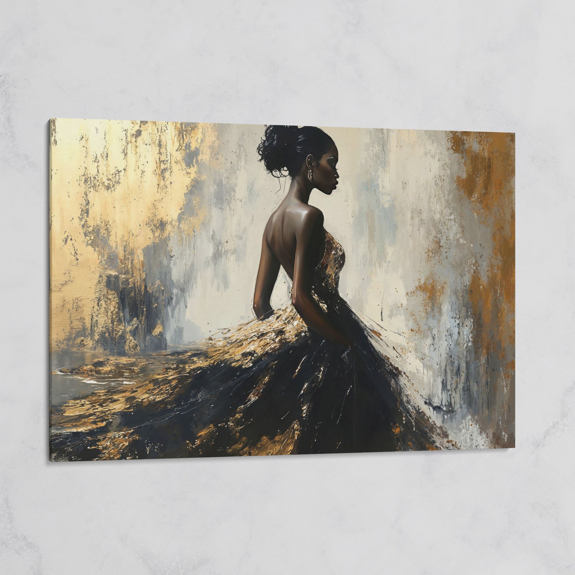 Elegant Black Woman with Gold Accent Canvas Art on gallery wrap