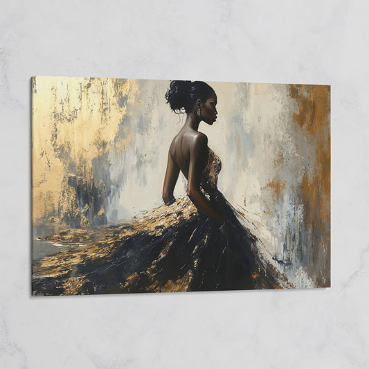 Elegant Black Woman with Gold Accent Canvas Art on gallery wrap