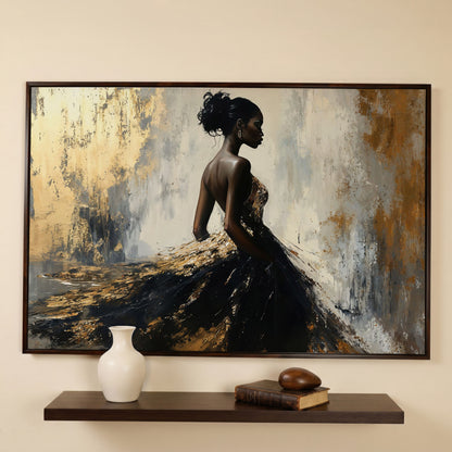 Elegant Black Woman with Gold Accent Canvas Art in dark walnut floating frame