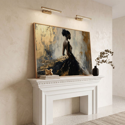 Elegant Black Woman with Gold Accent Canvas Art in white oak floating frame