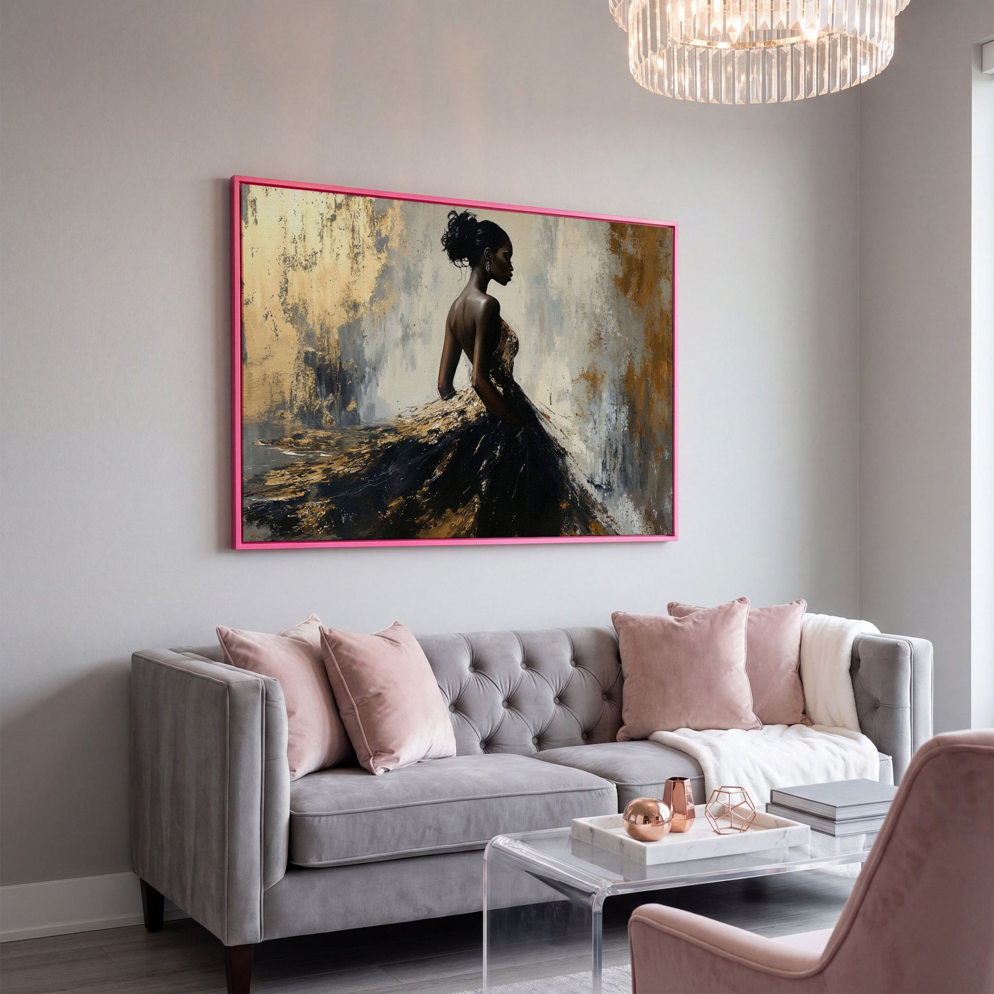 Elegant Black Woman with Gold Accent Canvas Art in pink floating frame