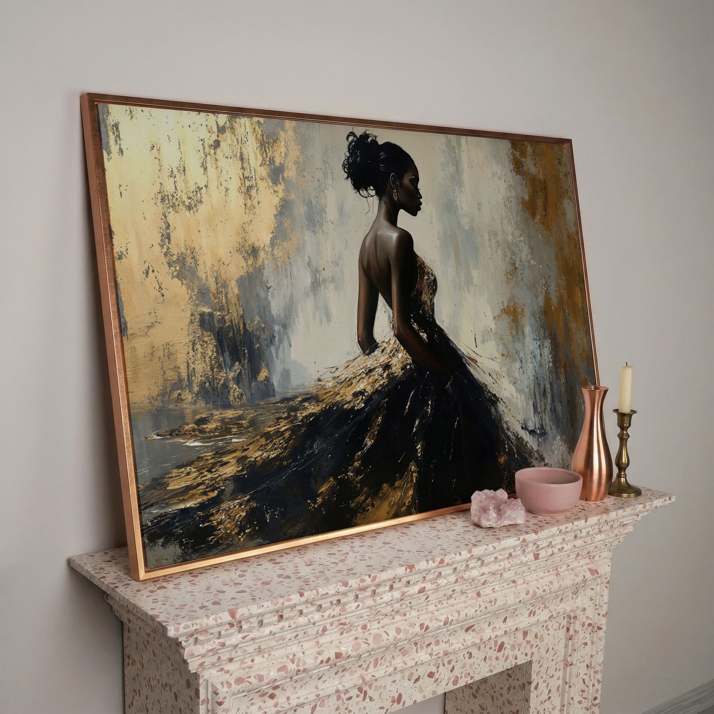 Elegant Black Woman with Gold Accent Canvas Art in rose gold floating frame