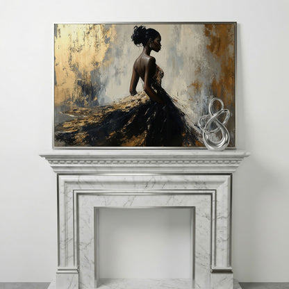Elegant Black Woman with Gold Accent Canvas Art in silver floating frame