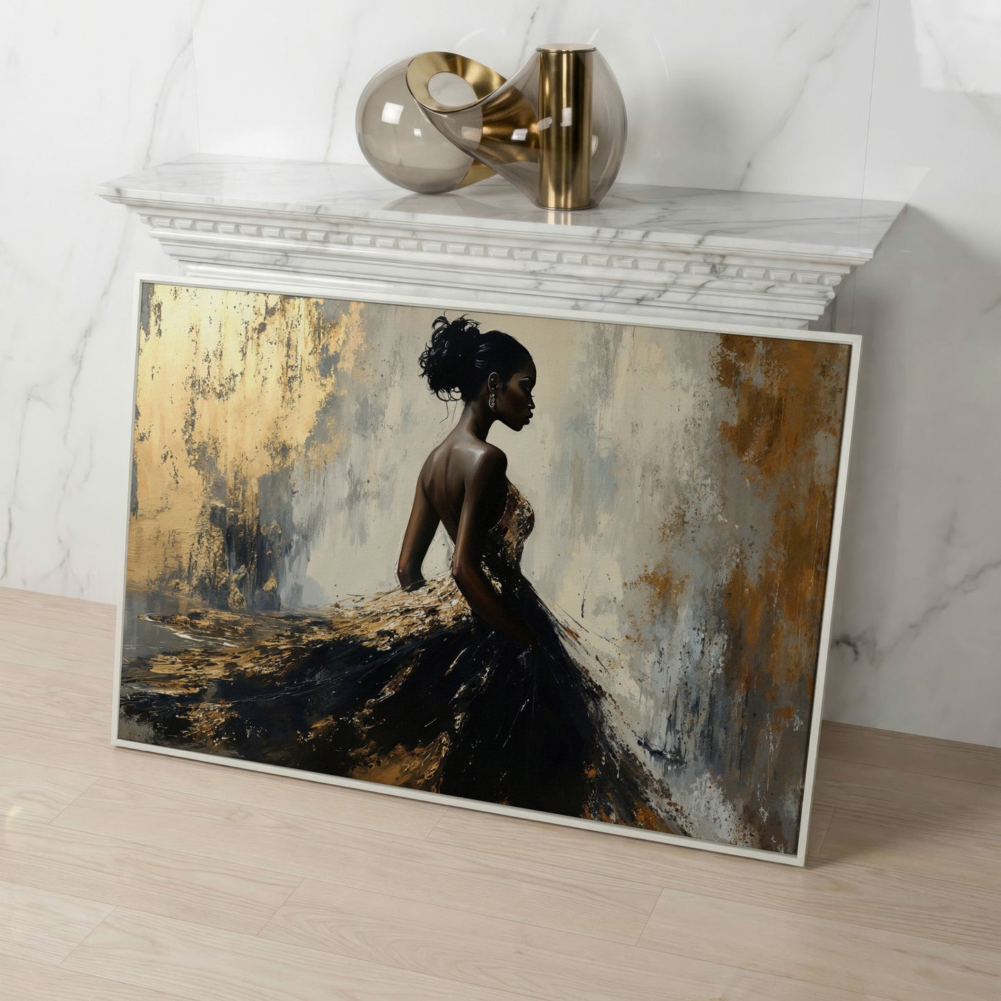 Elegant Black Woman with Gold Accent Canvas Art in white floating frame