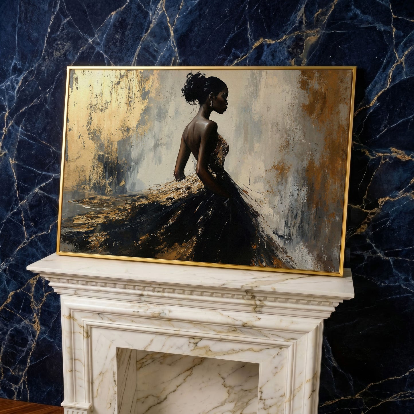 Elegant Black Woman with Gold Accent Canvas Art in yellow gold floating frame