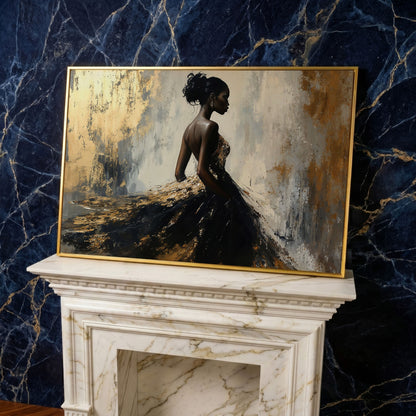 Elegant Black Woman with Gold Accent Canvas Art in yellow gold floating frame