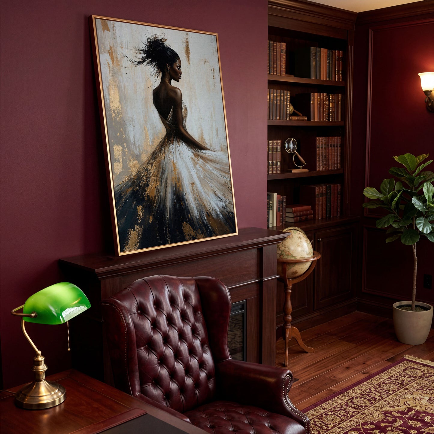 Afrocentric Woman Portrait Canvas in Ivory and Ebony in antique gold floating frame