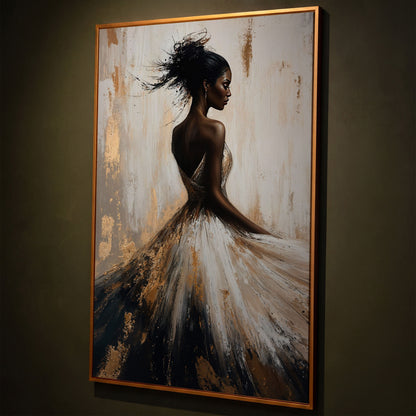Afrocentric Woman Portrait Canvas in Ivory and Ebony shown in antique gold floating frame