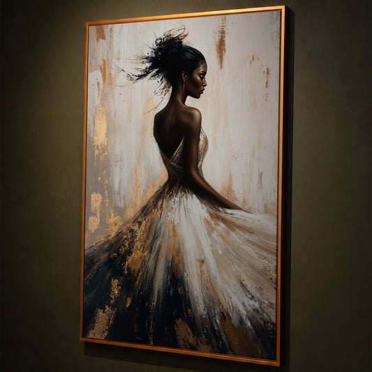 Afrocentric Woman Portrait Canvas in Ivory and Ebony shown in antique gold floating frame