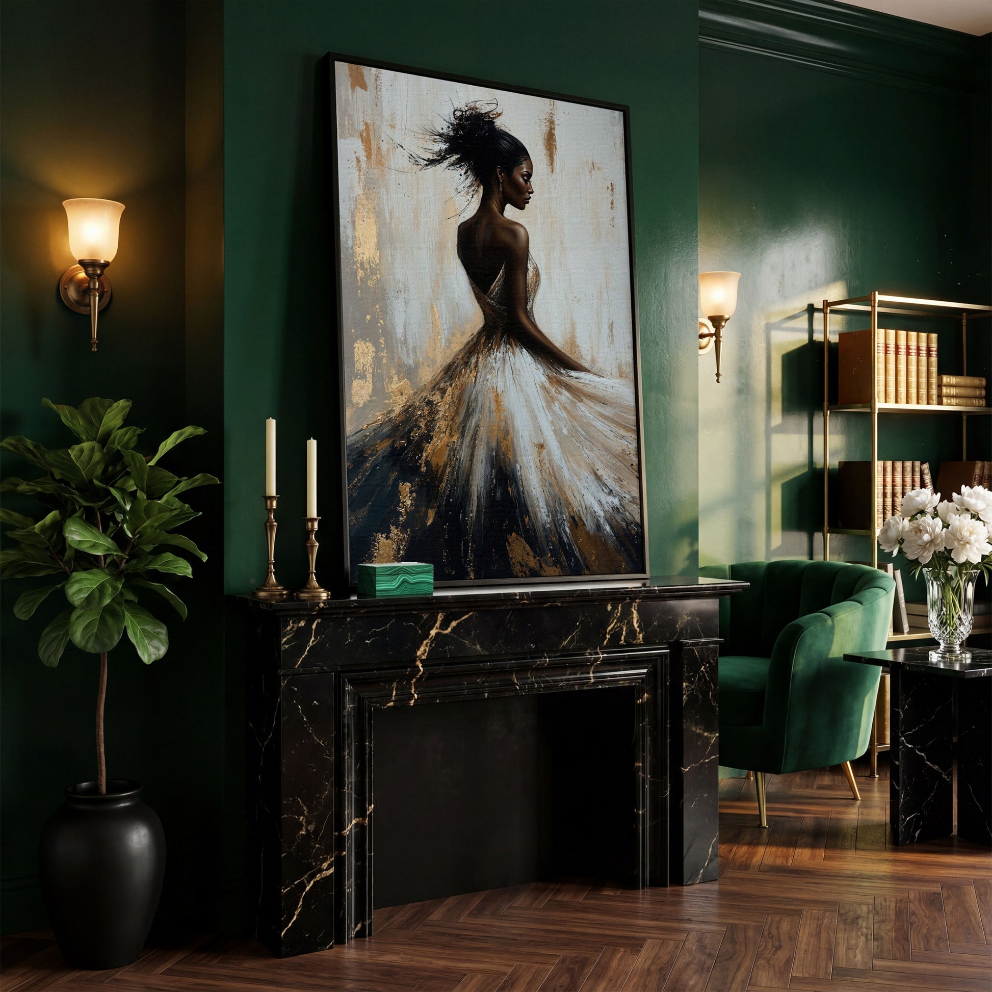 Afrocentric Woman Portrait Canvas in Ivory and Ebony in black floating frame