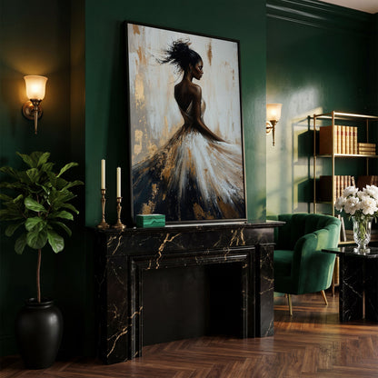Afrocentric Woman Portrait Canvas in Ivory and Ebony in black floating frame