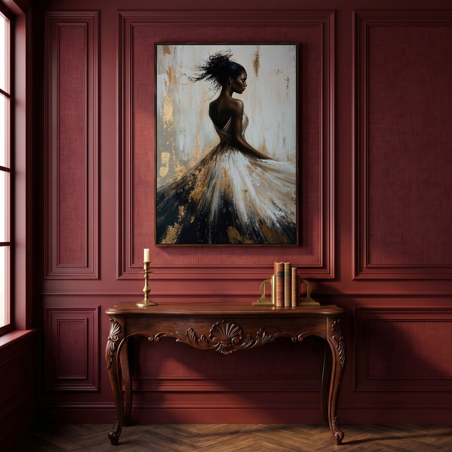 Afrocentric Woman Portrait Canvas in Ivory and Ebony in dark walnut floating frame