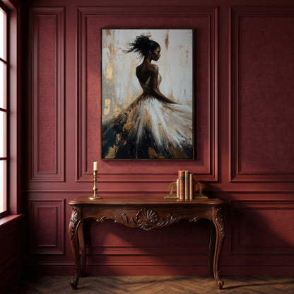 Afrocentric Woman Portrait Canvas in Ivory and Ebony in dark walnut floating frame