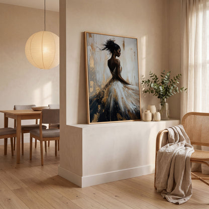 Afrocentric Woman Portrait Canvas in Ivory and Ebony in white oak floating frame