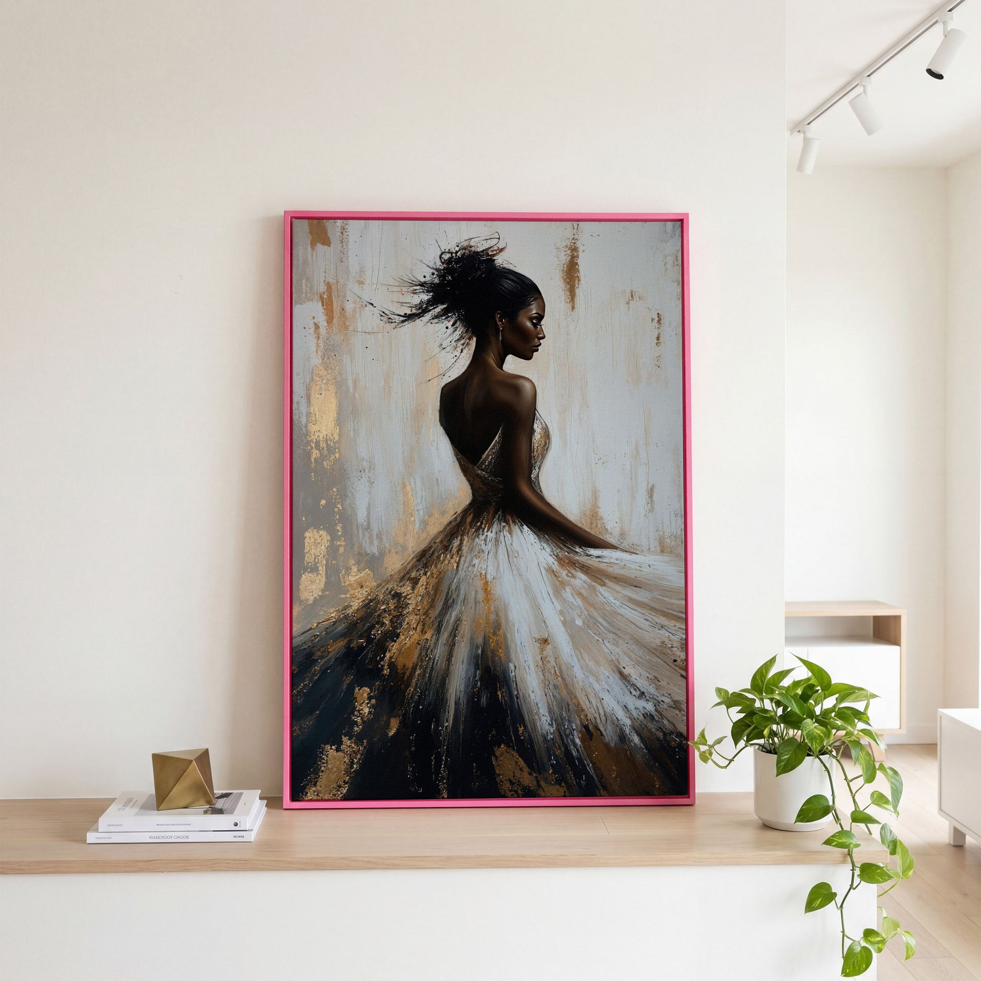 Afrocentric Woman Portrait Canvas in Ivory and Ebony in pink floating frame