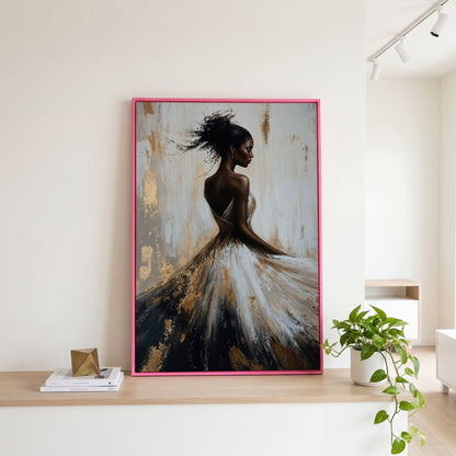 Afrocentric Woman Portrait Canvas in Ivory and Ebony in pink floating frame