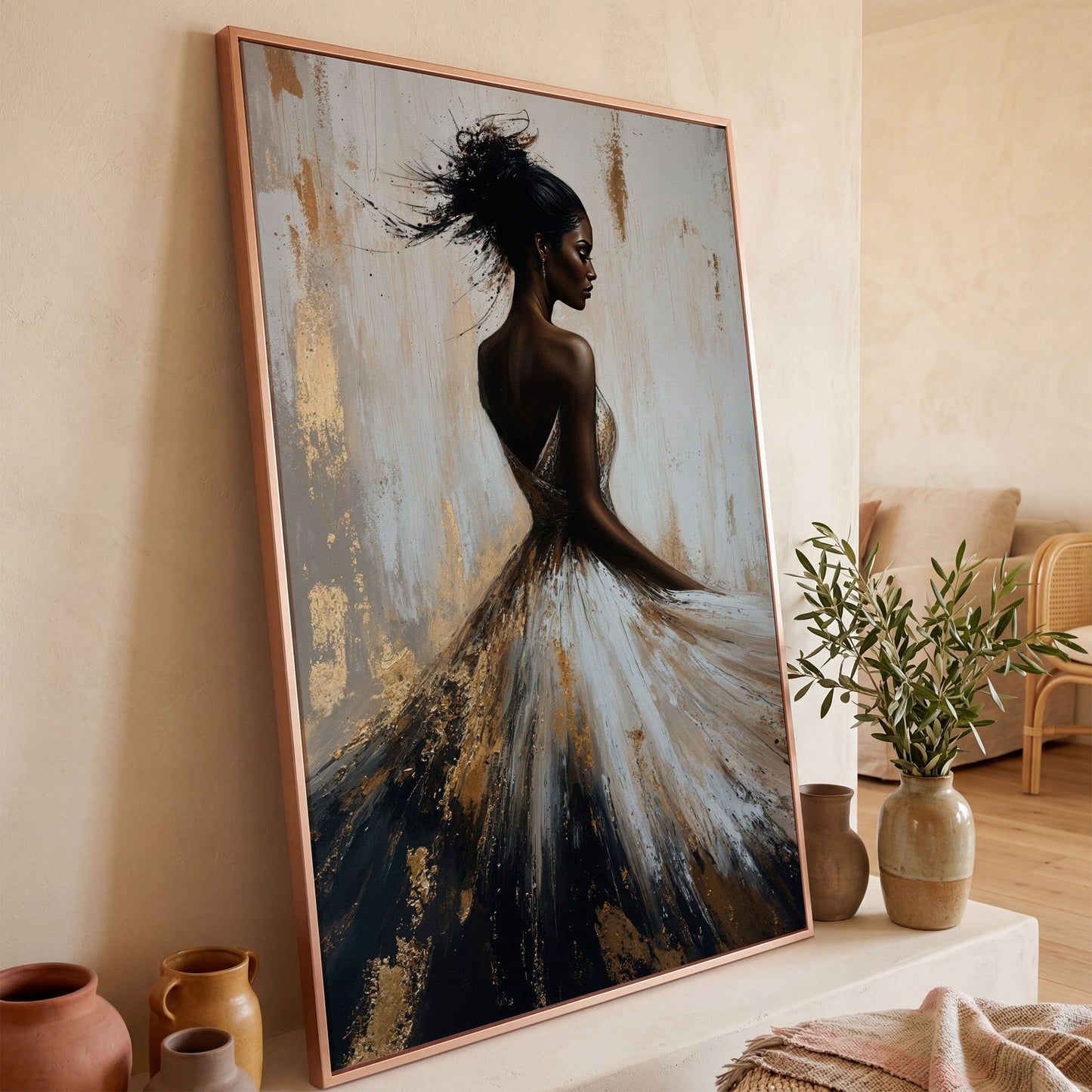 Afrocentric Woman Portrait Canvas in Ivory and Ebony in rose gold floating frame