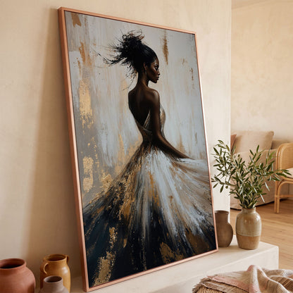 Afrocentric Woman Portrait Canvas in Ivory and Ebony in rose gold floating frame