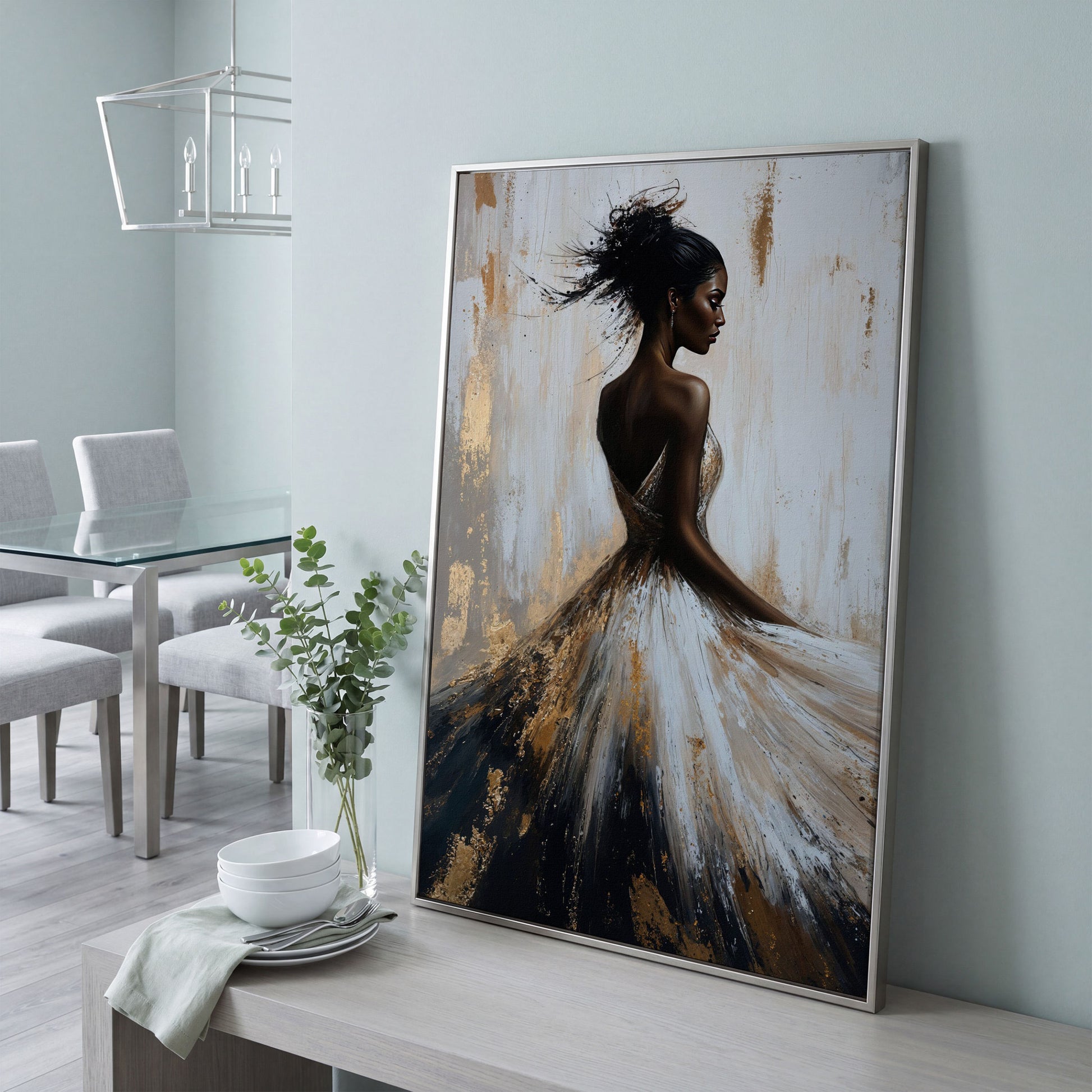 Afrocentric Woman Portrait Canvas in Ivory and Ebony in silver floating frame