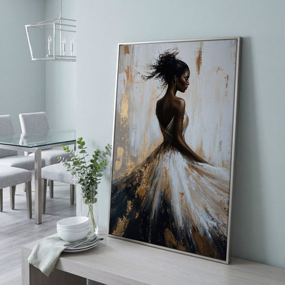 Afrocentric Woman Portrait Canvas in Ivory and Ebony in silver floating frame