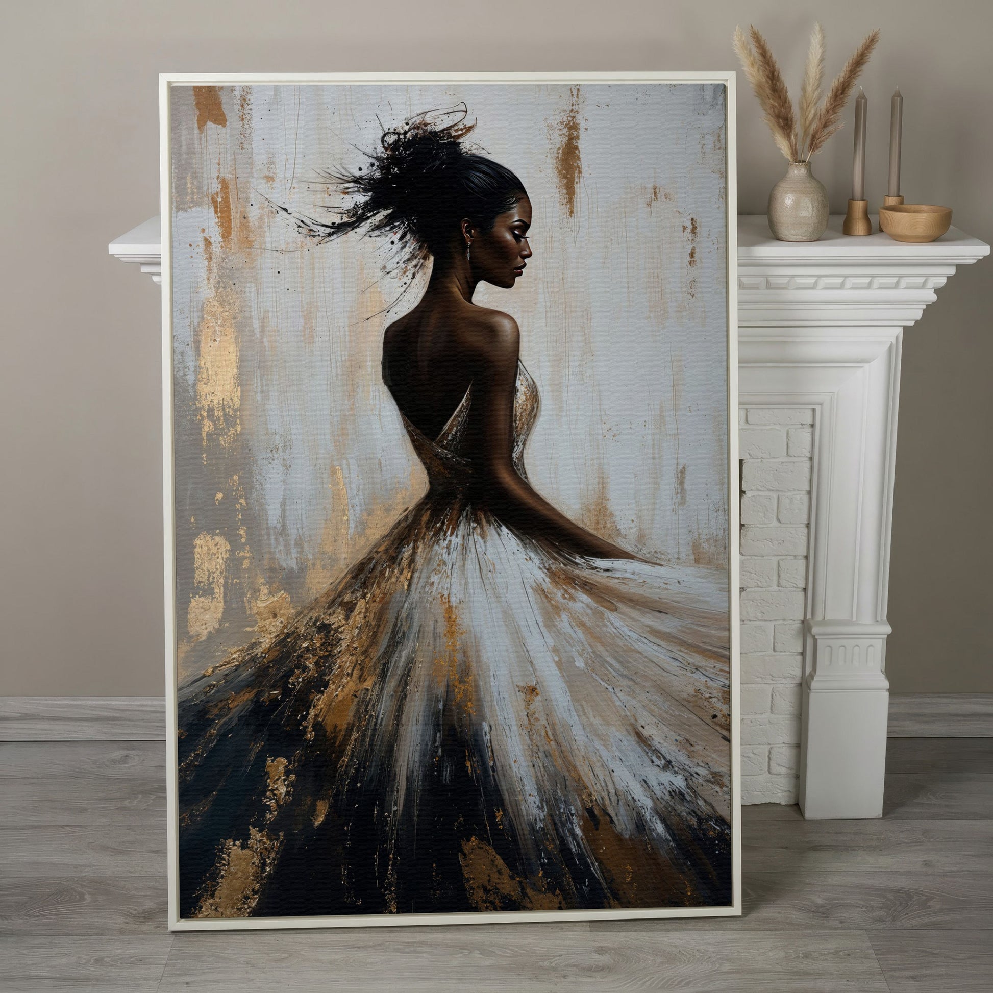 Afrocentric Woman Portrait Canvas in Ivory and Ebony in white floating frame