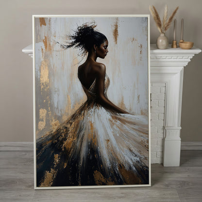 Afrocentric Woman Portrait Canvas in Ivory and Ebony in white floating frame