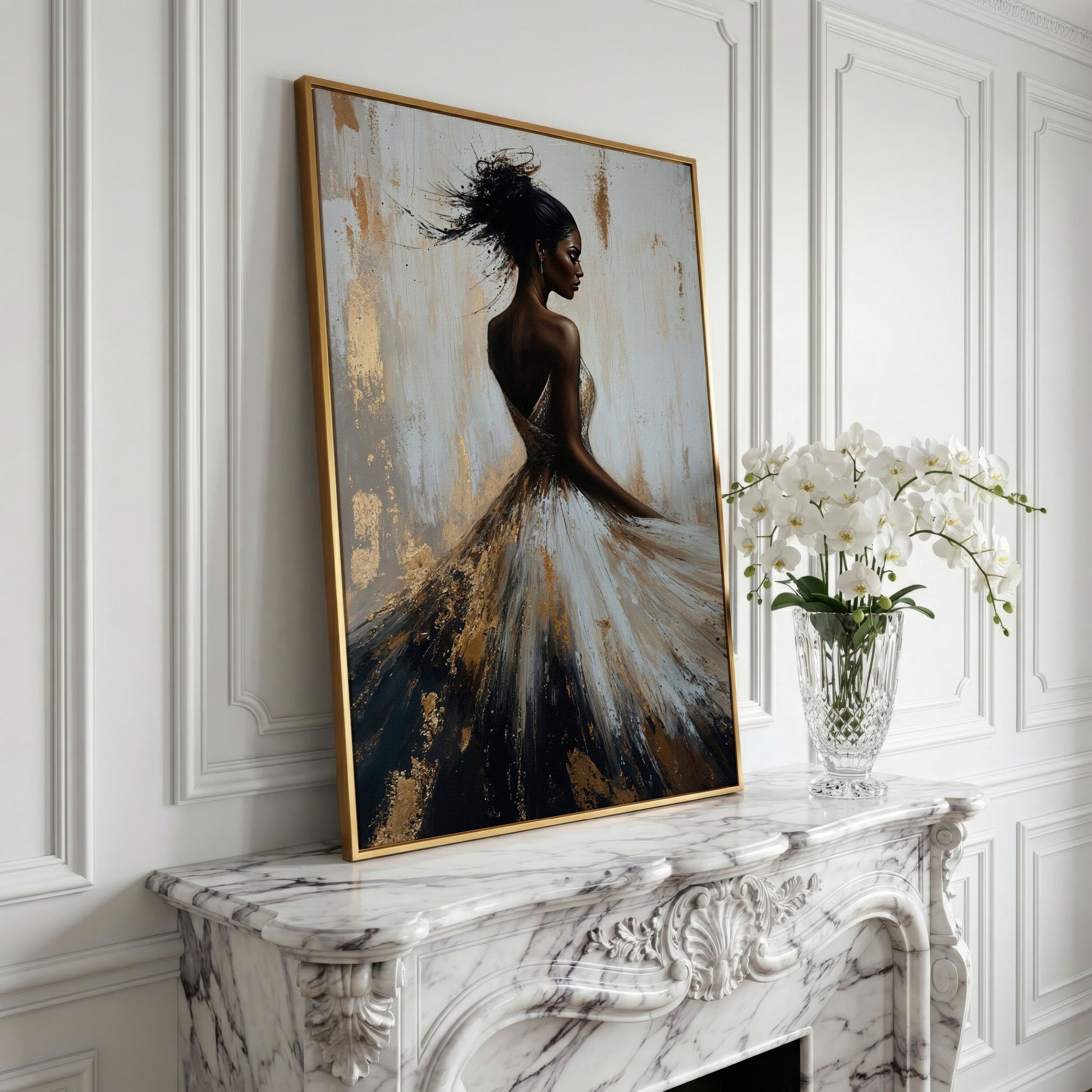 Afrocentric Woman Portrait Canvas in Ivory and Ebony in yellow gold floating frame