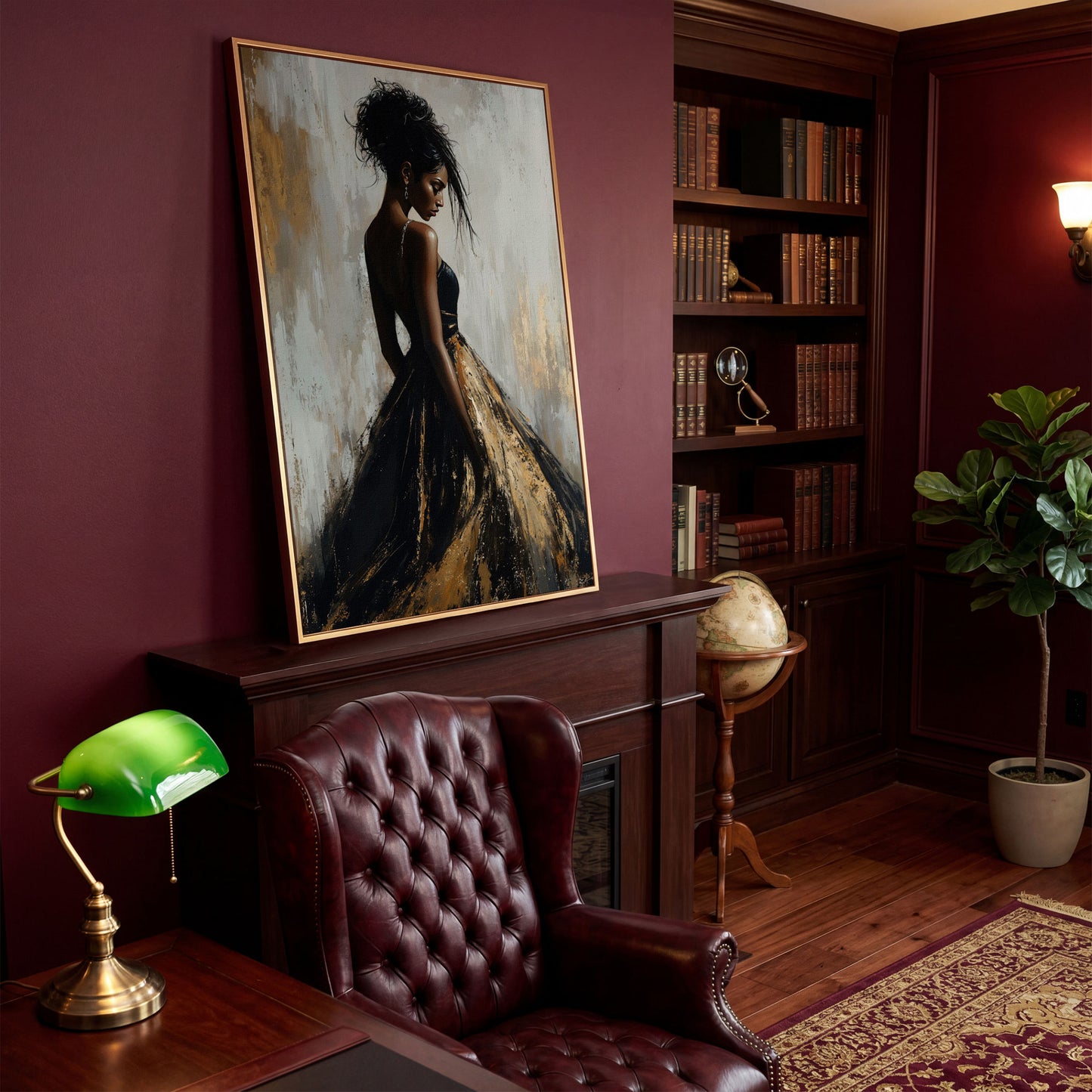 Black Woman Portrait, Back View Canvas Art in antique gold floating frame