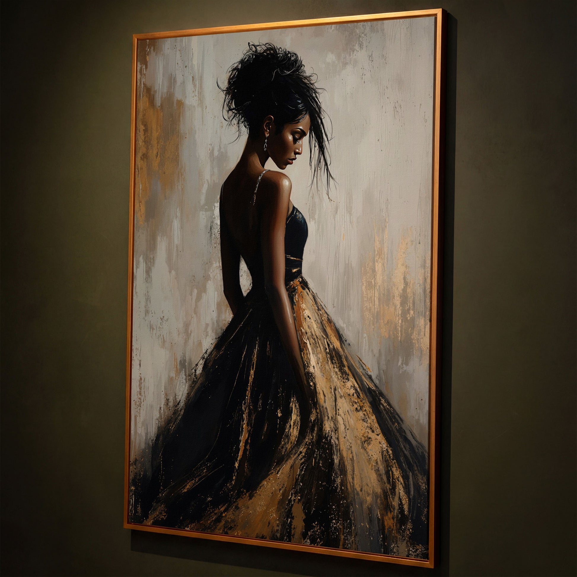 Black Woman Portrait, Back View Canvas Art shown in antique gold floating frame