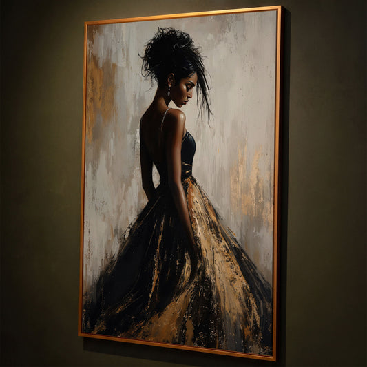 Black Woman Portrait, Back View Canvas Art shown in antique gold floating frame