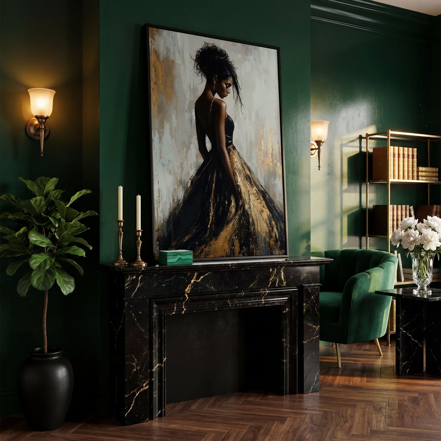 Black Woman Portrait, Back View Canvas Art in black floating frame
