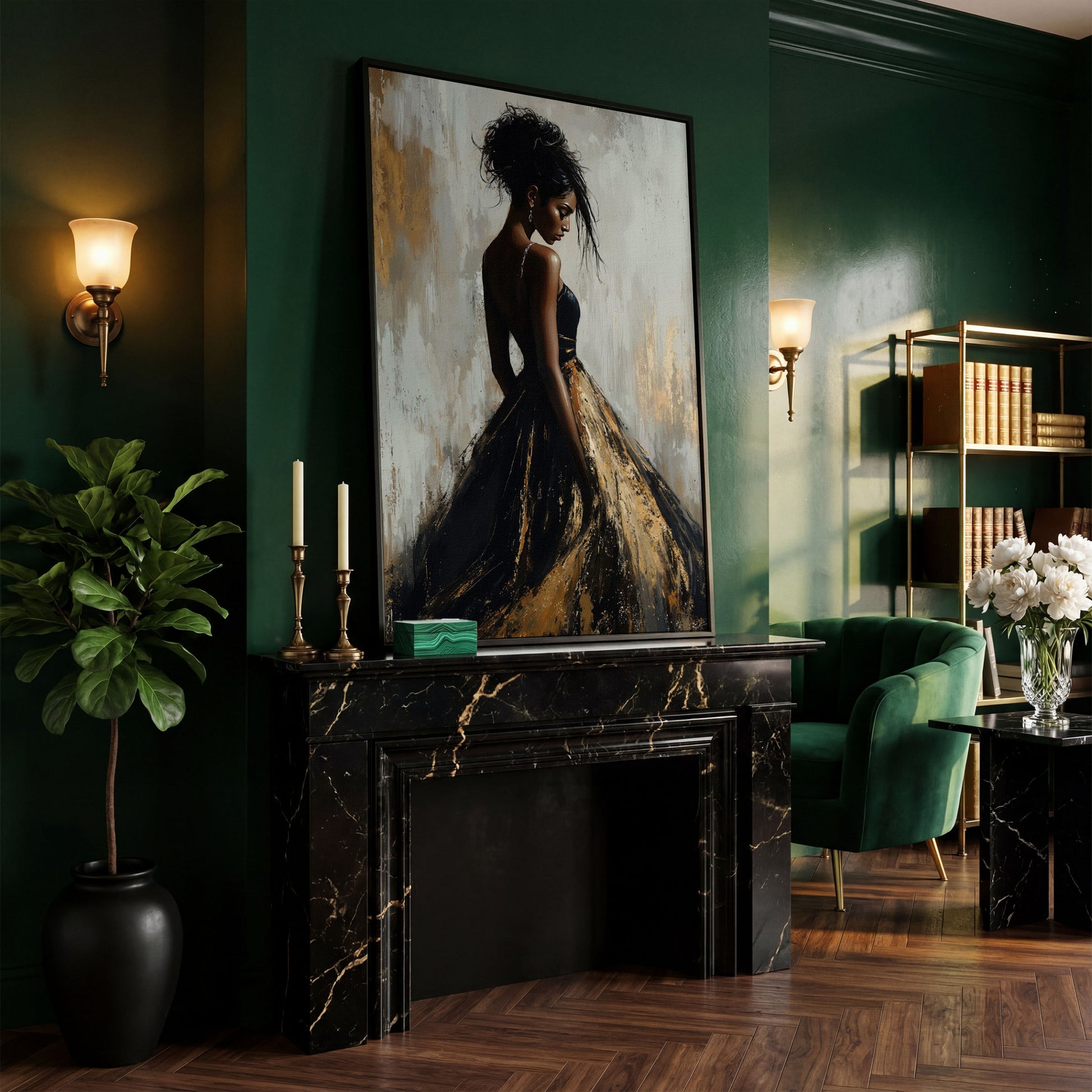 Black Woman Portrait, Back View Canvas Art in black floating frame