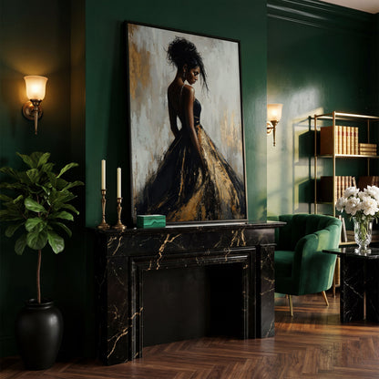 Black Woman Portrait, Back View Canvas Art in black floating frame