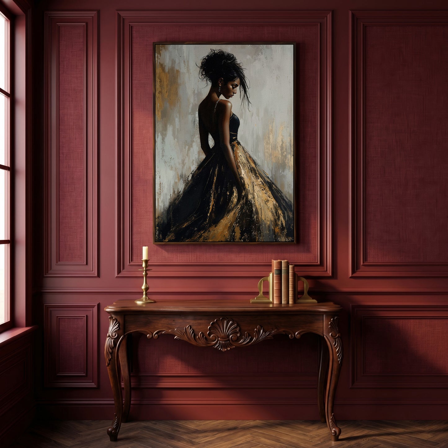 Black Woman Portrait, Back View Canvas Art in dark walnut floating frame