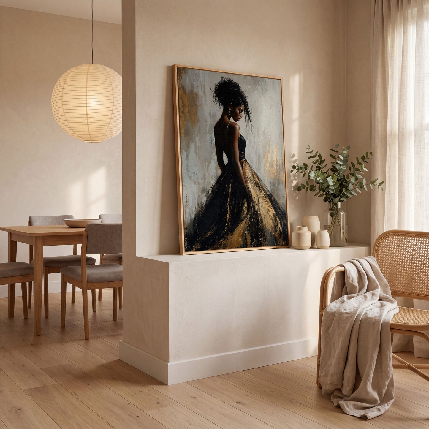 Black Woman Portrait, Back View Canvas Art in white oak floating frame