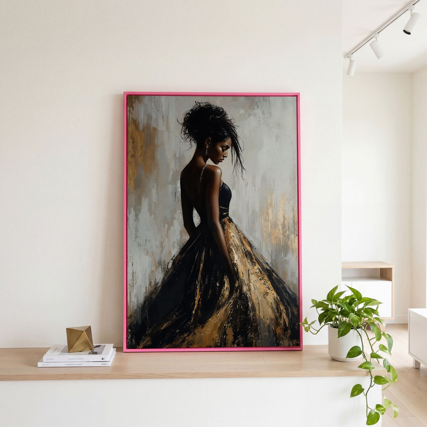 Black Woman Portrait, Back View Canvas Art in pink floating frame