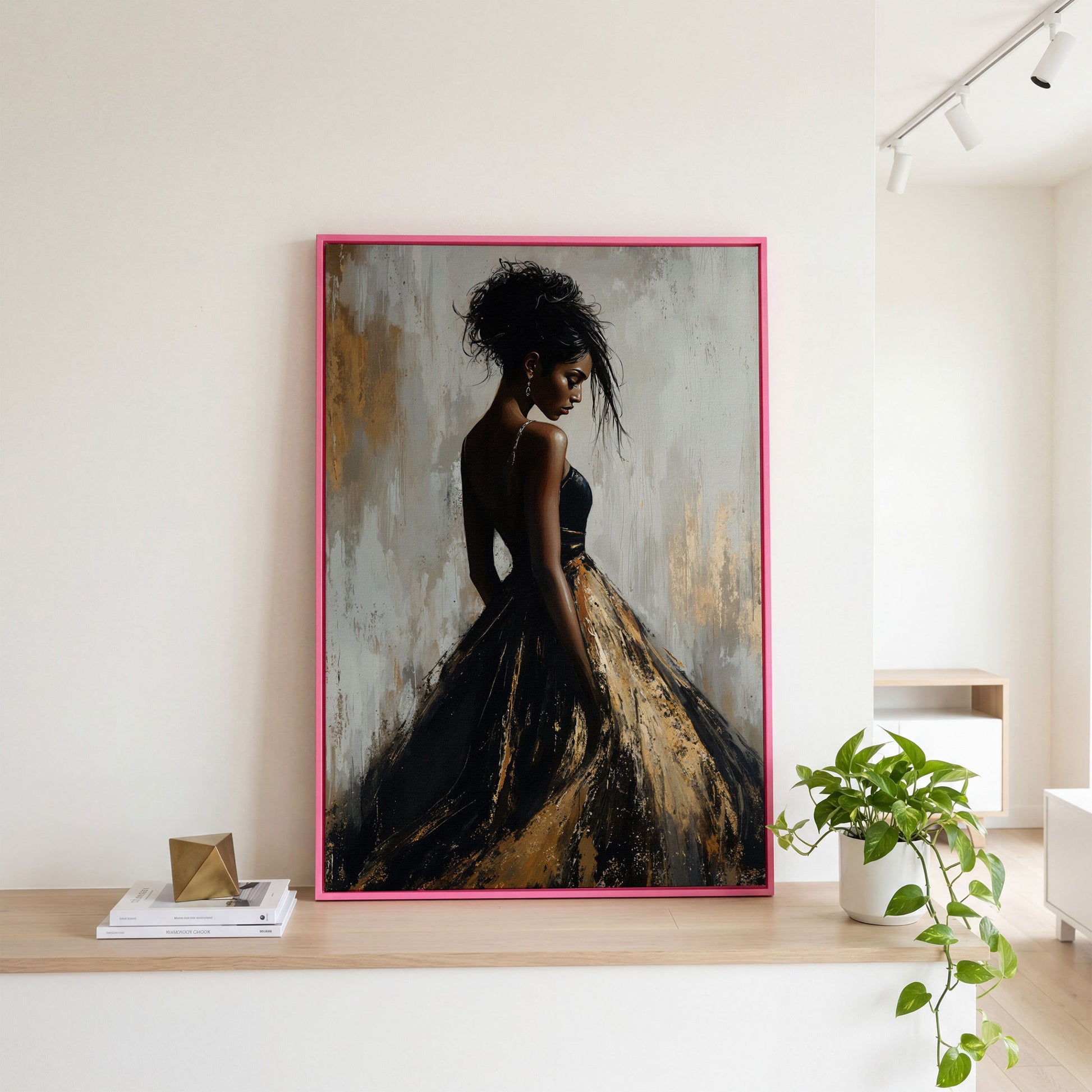 Black Woman Portrait, Back View Canvas Art in pink floating frame