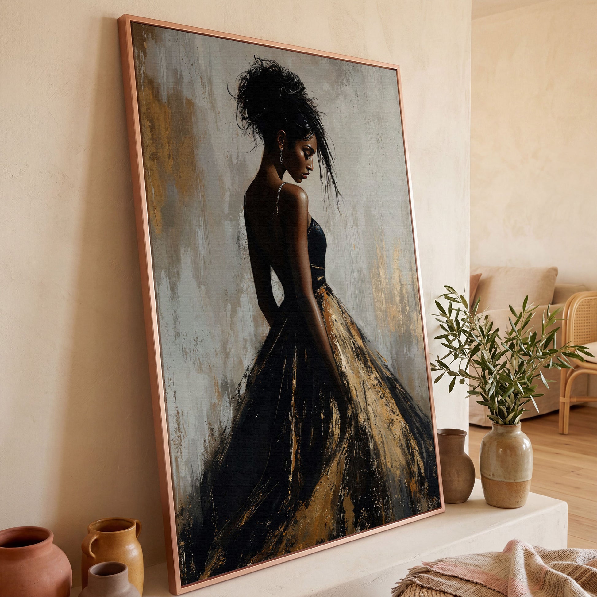 Black Woman Portrait, Back View Canvas Art in rose gold floating frame