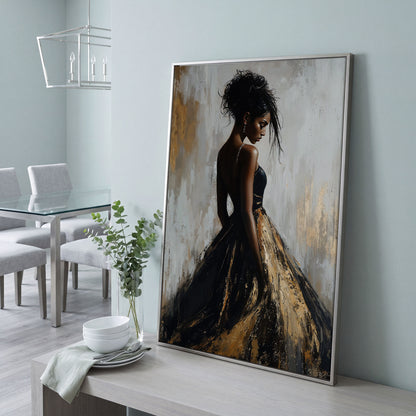 Black Woman Portrait, Back View Canvas Art in silver floating frame