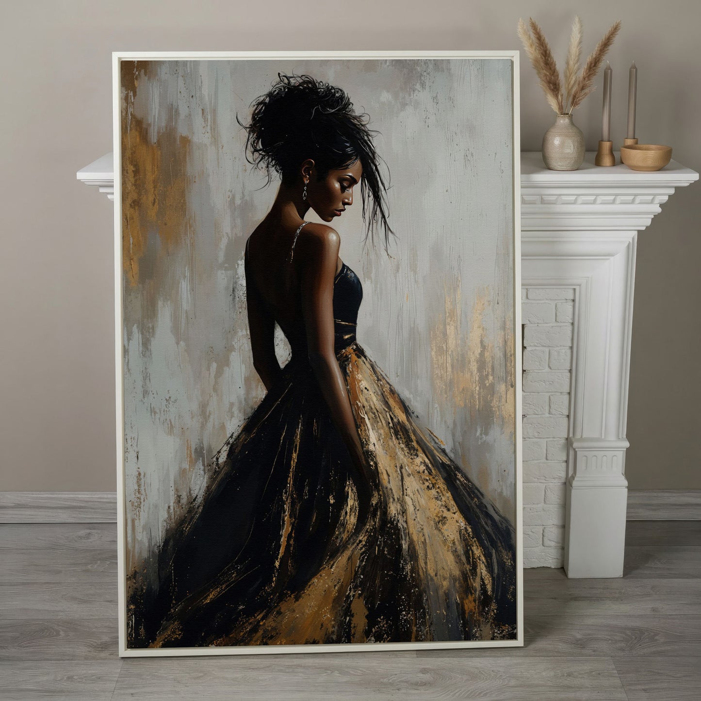 Black Woman Portrait, Back View Canvas Art in white floating frame