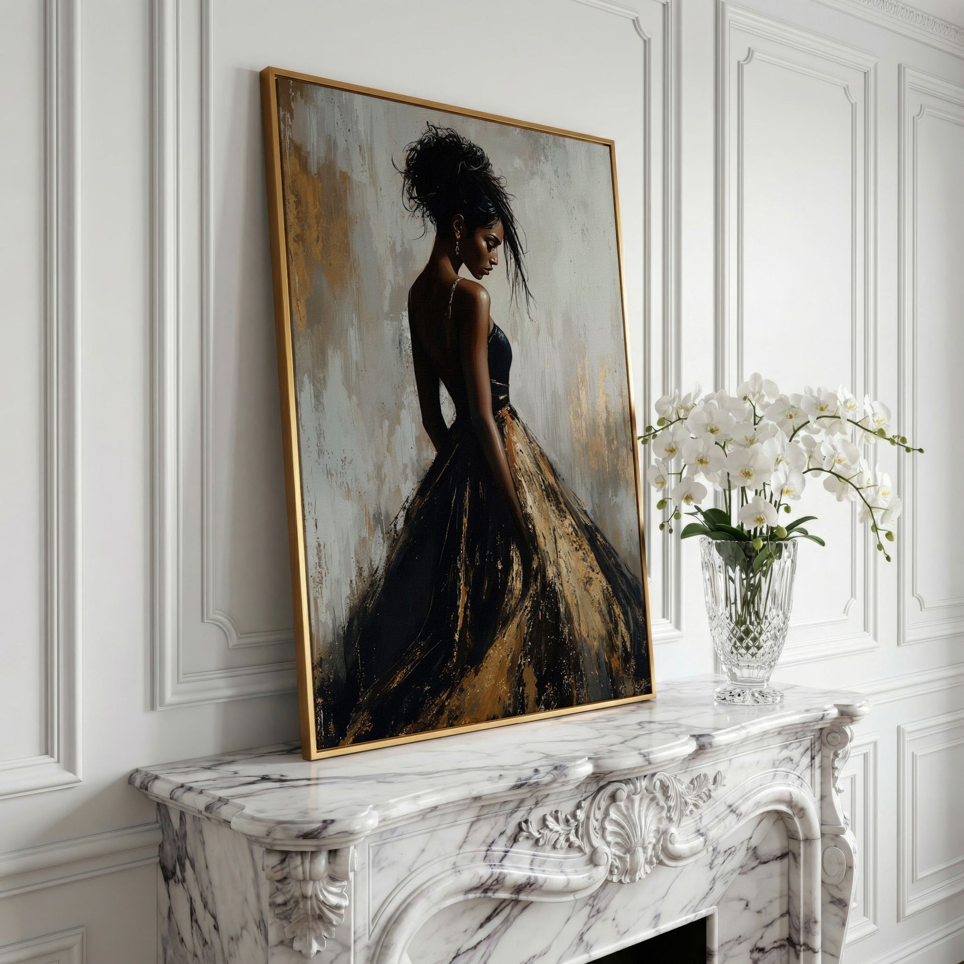 Black Woman Portrait, Back View Canvas Art in yellow gold floating frame