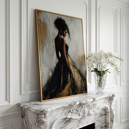 Black Woman Portrait, Back View Canvas Art in yellow gold floating frame